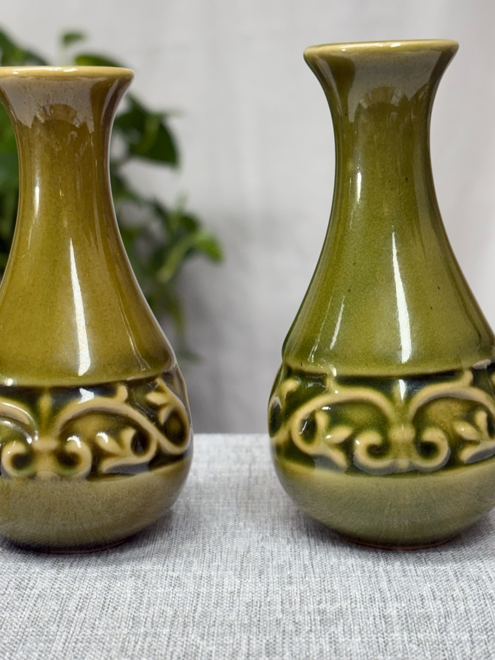 Vintage Olive Green Ceramic  bud Vases - Set of 2